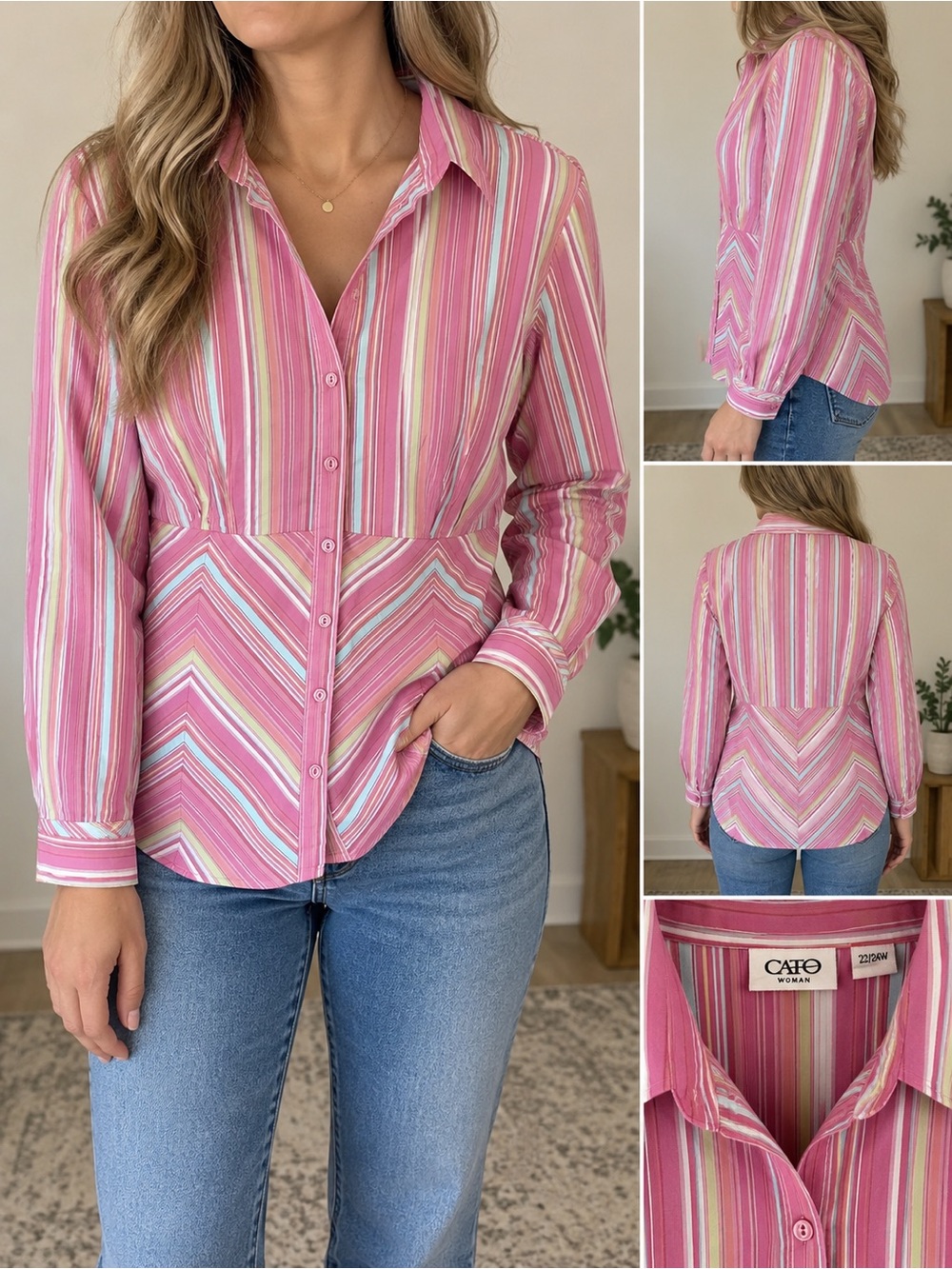 Cato Pink Multi-Stripe Button-Up Shirt Size 22/24W